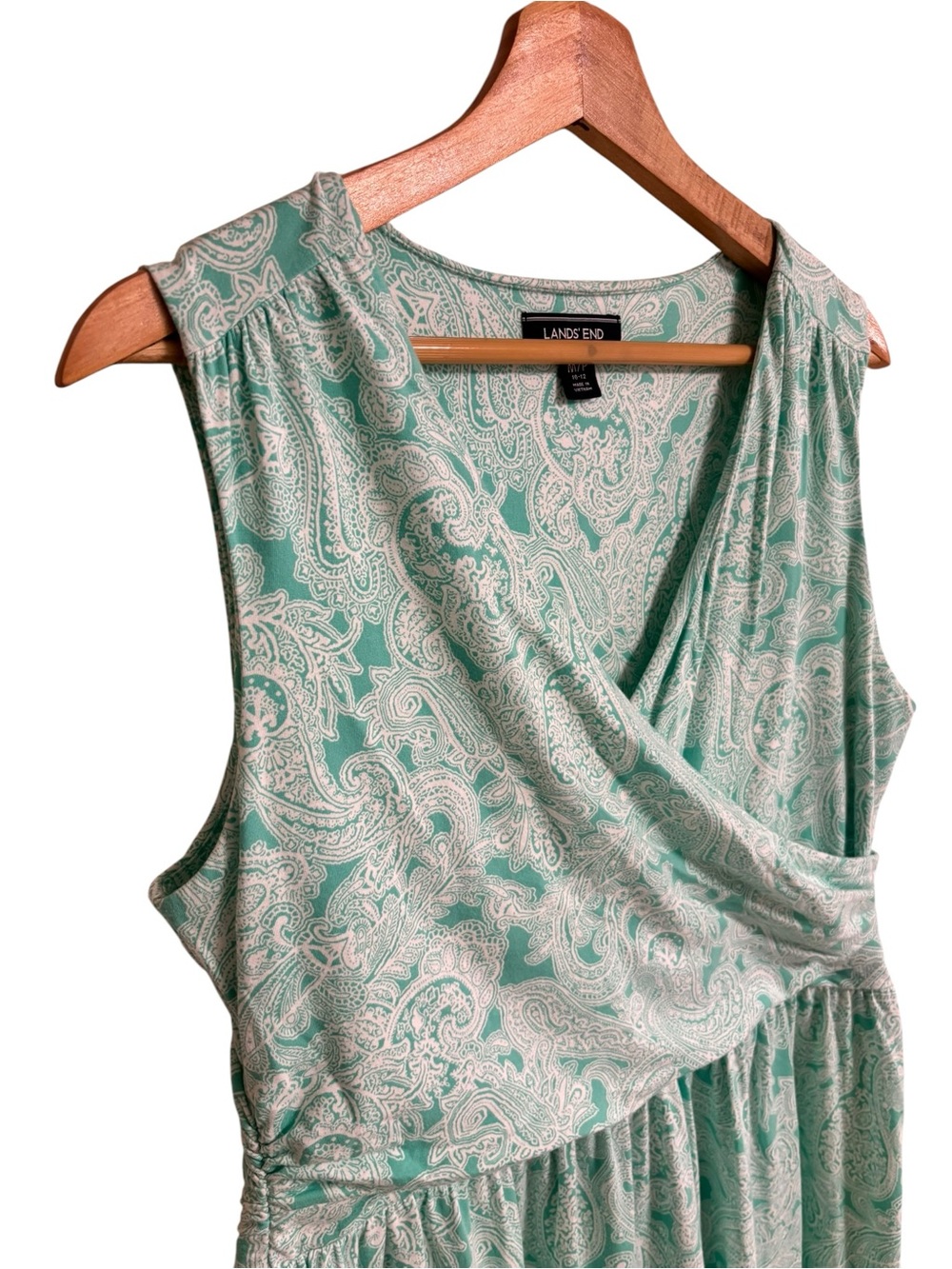 Lands’End aqua teal white paisley print crossover wrap sleeveless maxi dress MP - Picture 3 of 11